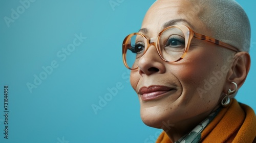 A bald woman with glasses and a warm smile wearing an orange scarf set against a blue background.