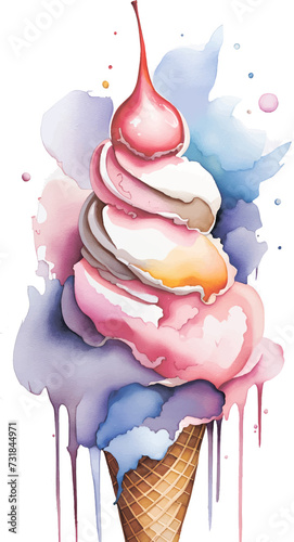Watercolor wafefle cone ice cream illustration isolated on the white background
