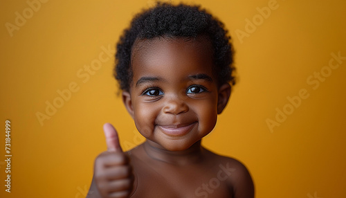 African toddler giving a thumbs up against a brown background, radiating positivity and cute gestures