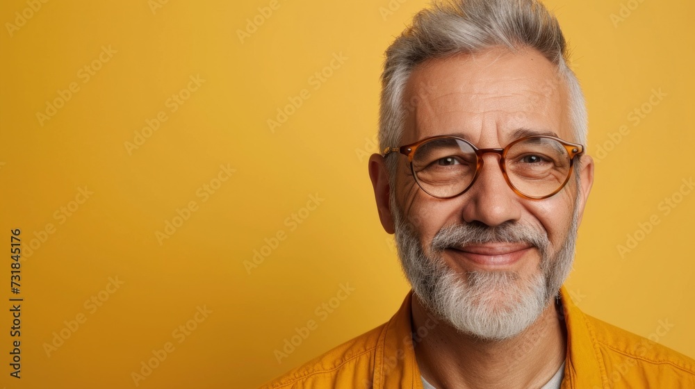 Smiling man with gray hair and beard wearing glasses against a yellow background. Smiling man with gray hair and beard wearing glasses against a yellow background.