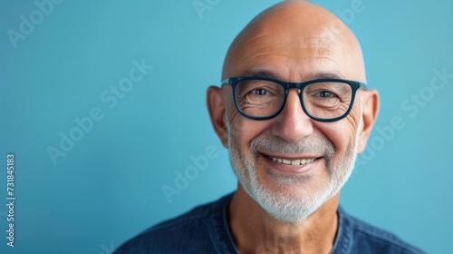 Bald man with glasses and white beard smiling against blue background. © iuricazac