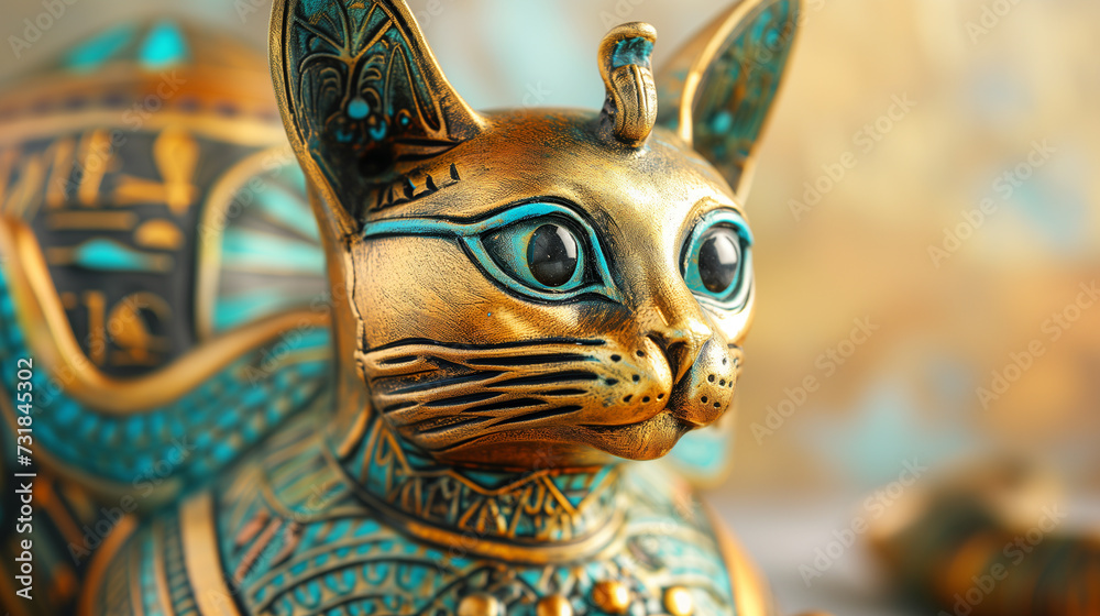Obraz premium Egyptian cat statue in gold and turquoise with hieroglyphs