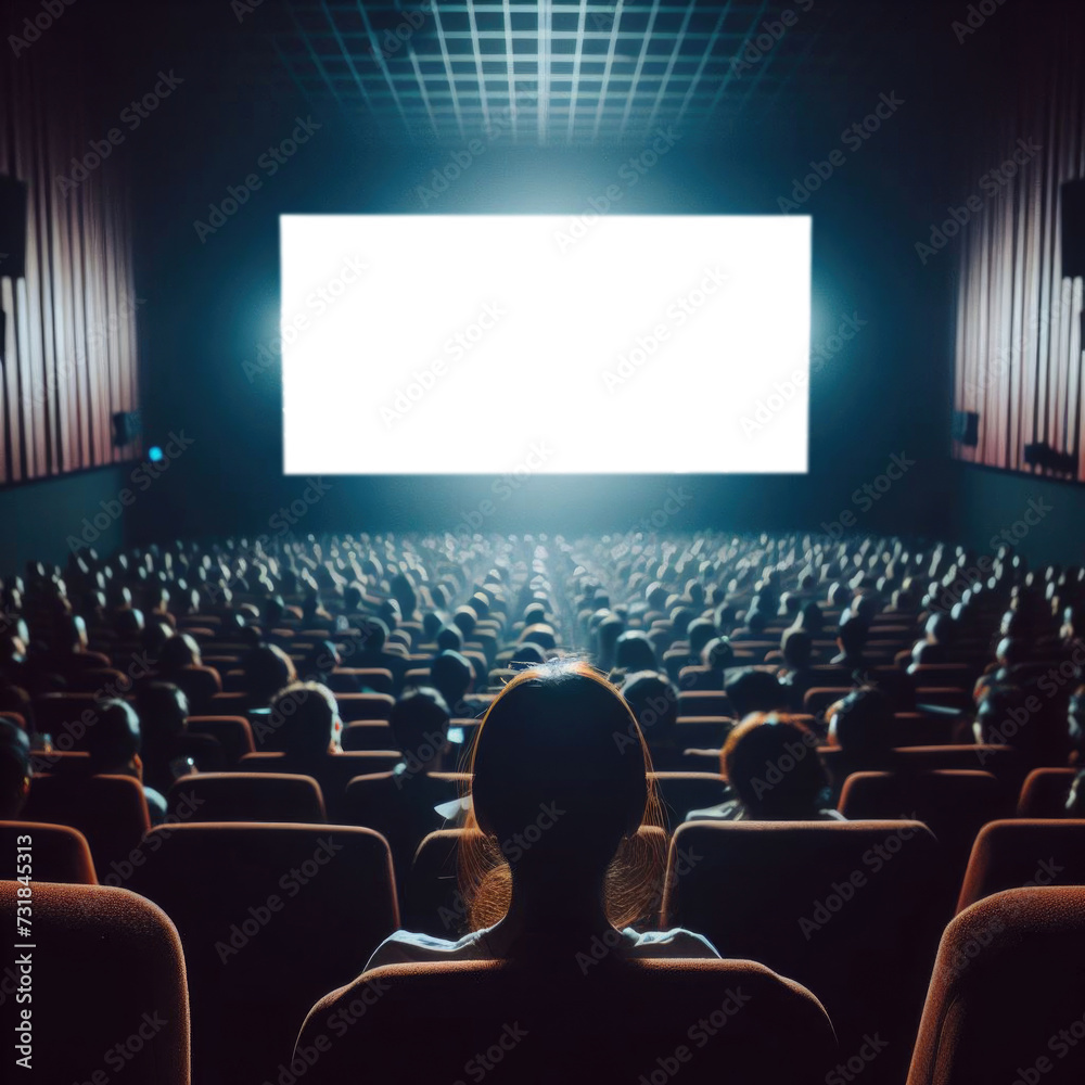 Dark cinema with audience waiting in anticipation, with black white screen