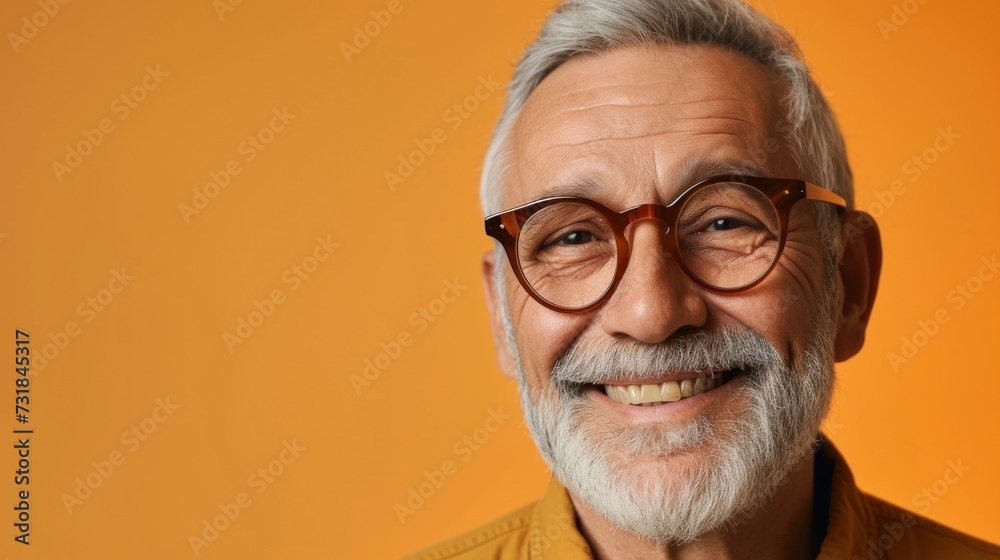 Smiling older man with white hair and beard wearing round glasses against orange background. Smiling older man with white hair and beard wearing round glasses against orange background.