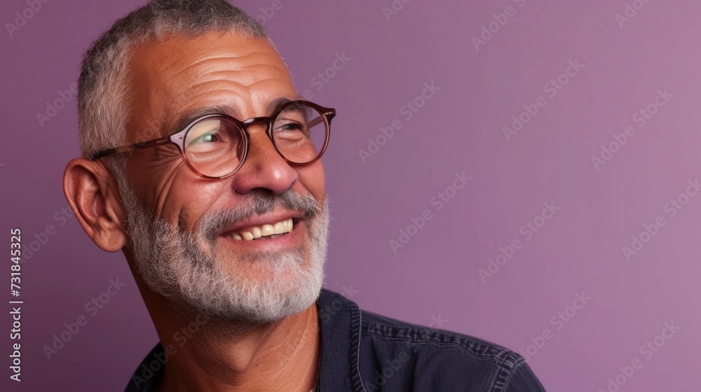 Smiling older man with gray beard and glasses wearing dark shirt against purple background. Smiling older man with gray beard and glasses wearing dark shirt against purple background.