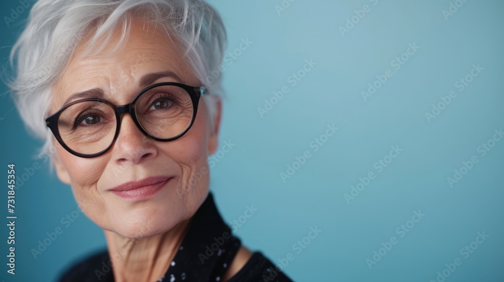 Woman with short silver hair wearing black glasses and a black top with a polka dot collar smiling against a light blue background. Woman with short silver hair wearing black glasses and a black top with a polka dot collar smiling against a light blue background.