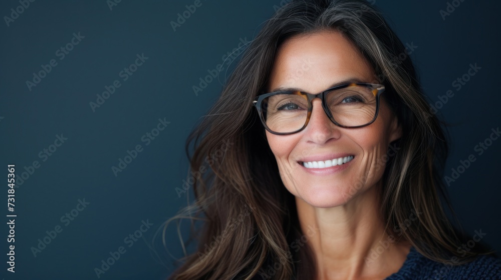 Smiling woman with glasses long brown hair and a blue background.