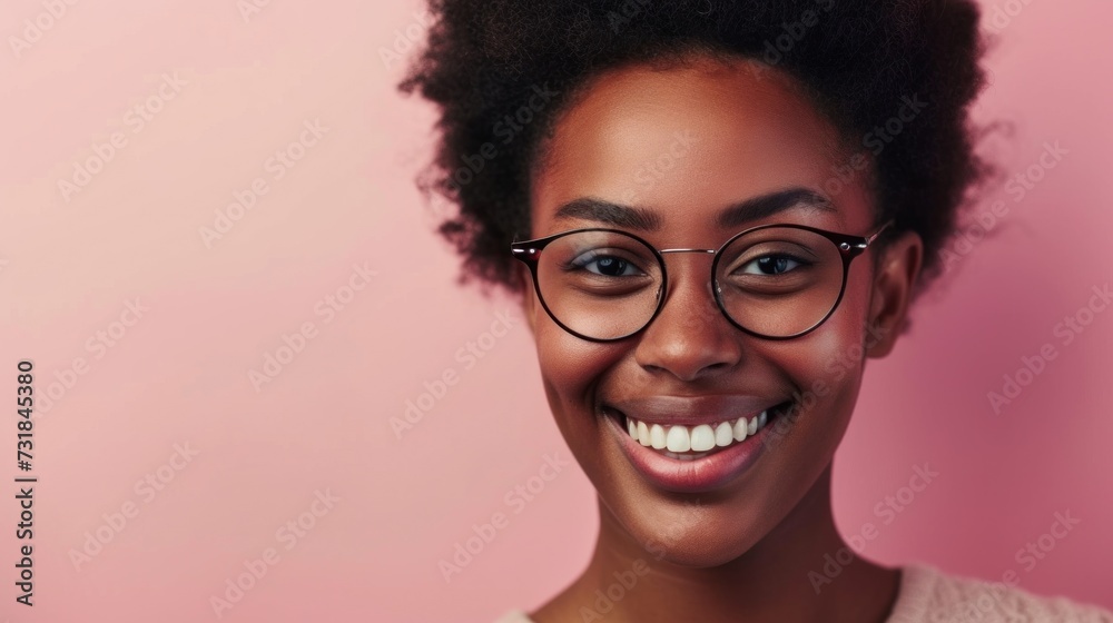 Smiling woman with curly hair and glasses against pink background. Smiling woman with curly hair and glasses against pink background.