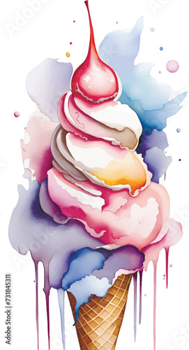 Watercolor wafefle cone ice cream illustration isolated on the white background
