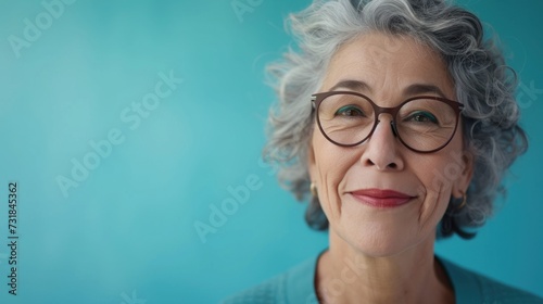 Woman with gray hair wearing glasses smiling against a blue background.