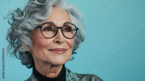 Elegant older woman with gray hair wearing glasses smiling against a blue background.
