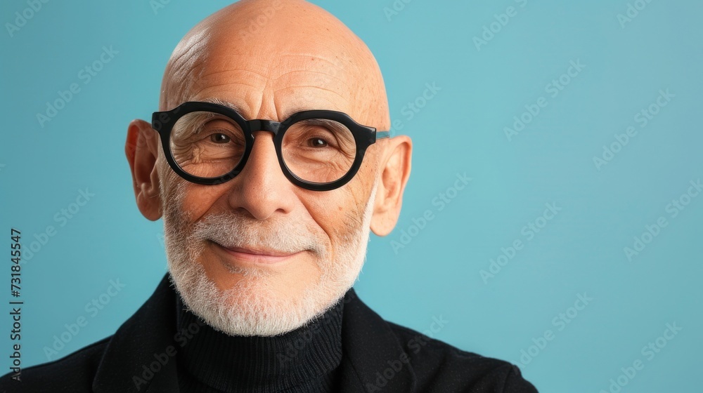 Bald man with white beard and mustache wearing black glasses smiling against blue background. Bald man with white beard and mustache wearing black glasses smiling against blue background.