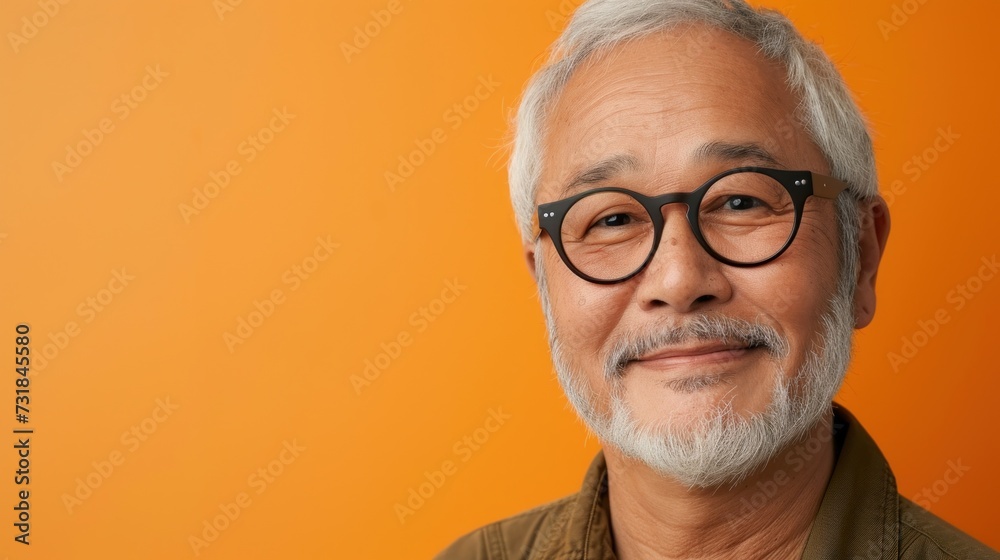 The image shows a smiling elderly man with white hair and a beard wearing glasses and a green shirt set against an orange background.