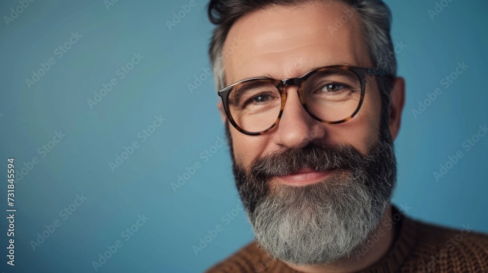 A man with a gray beard and mustache wearing glasses smiling against a blue background. A man with a gray beard and mustache wearing glasses smiling against a blue background.