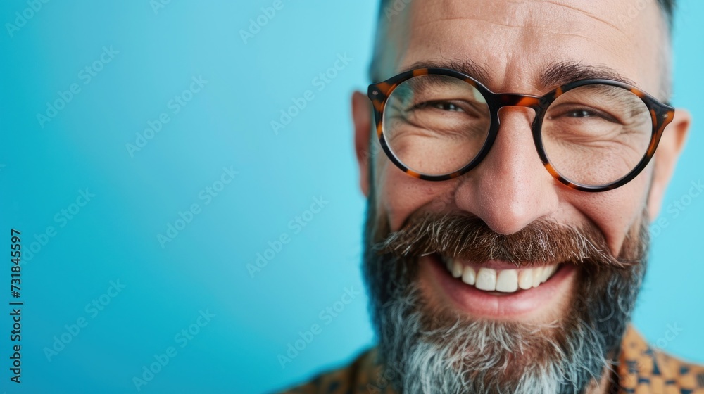 Smiling man with glasses and a beard against a blue background. Smiling man with glasses and a beard against a blue background.