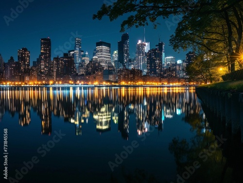 City skyline reflecting in the water at nighttime with ambient lighting © pavlofox