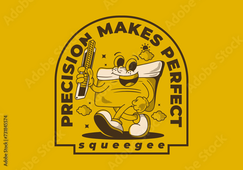 Precision makes perfect. Squeegee mascot character holding a blade, vintage style