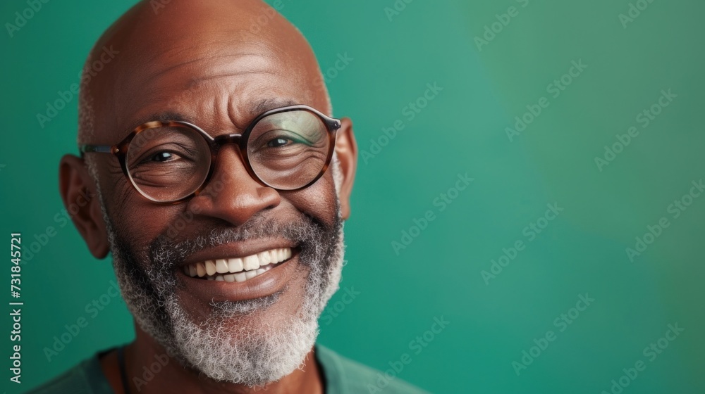 Smiling older man with glasses and gray beard against green background. Smiling older man with glasses and gray beard against green background.