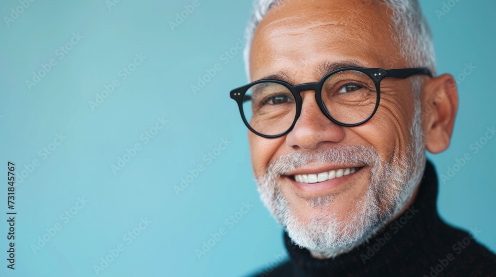 Smiling man with white beard and glasses, wearing black turtleneck, against light blue background.