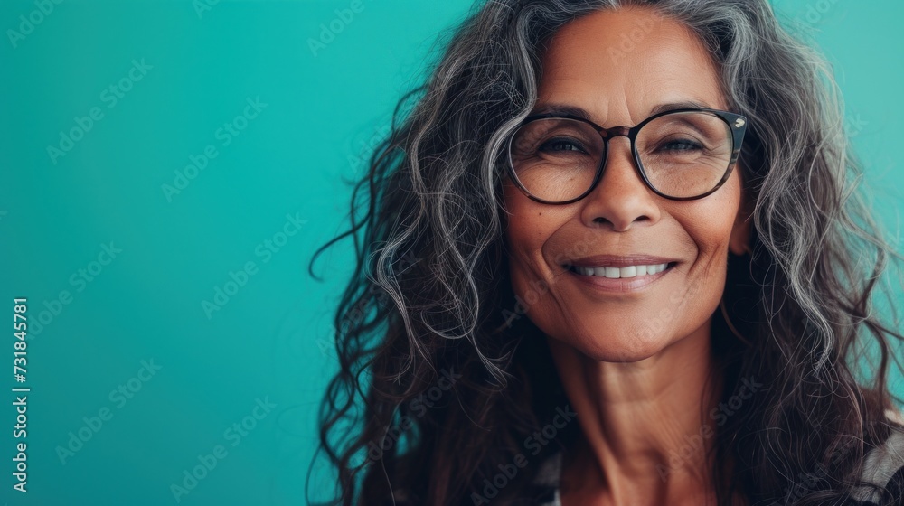Smiling woman with glasses and curly hair against teal background. Smiling woman with glasses and curly hair against teal background.