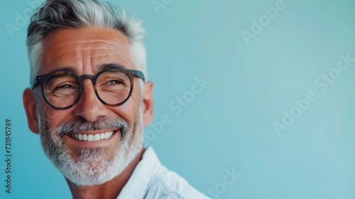 Smiling man with gray hair and beard, wearing glasses, against light blue background.