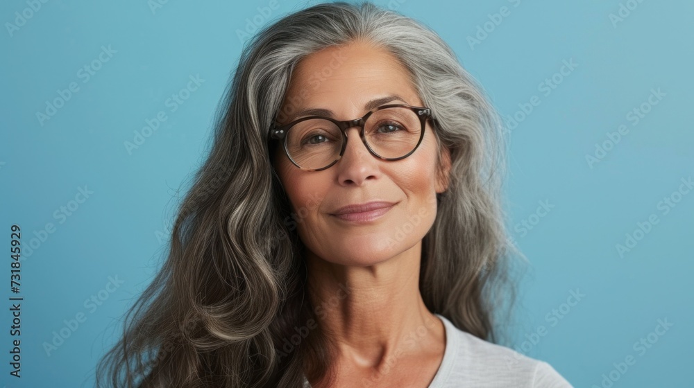A woman with gray hair wearing glasses and smiling. A woman with gray hair wearing glasses and smiling.