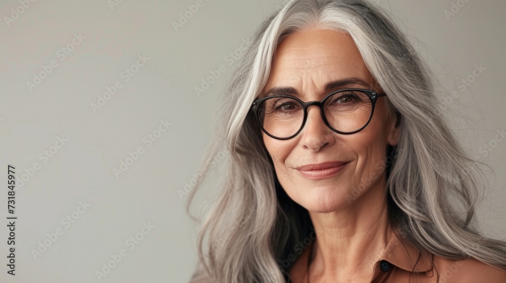 Woman with gray hair wearing glasses smiling and looking directly at the camera.