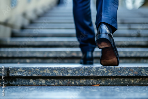 Close up of a businessman's shoes as they walk up a staircase. Career development and strategy © ink drop