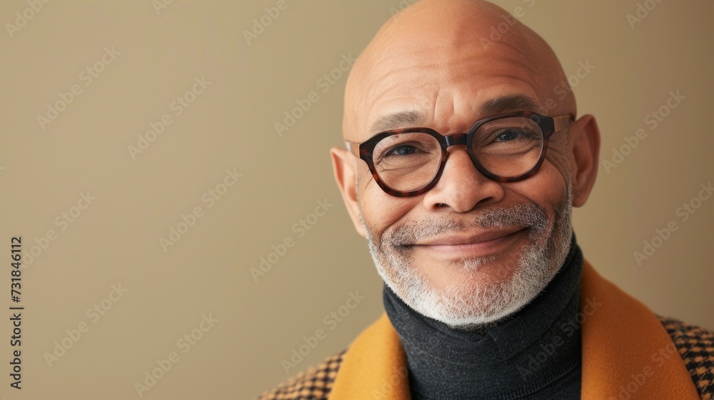 Smiling bald man with glasses and gray beard wearing a black turtleneck and a mustard yellow jacket.