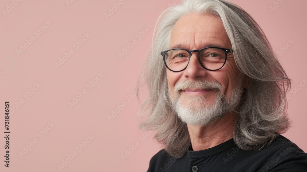A man with long gray hair and a beard wearing glasses smiling at the camera against a pink background. A man with long gray hair and a beard wearing glasses smiling at the camera against a pink background.