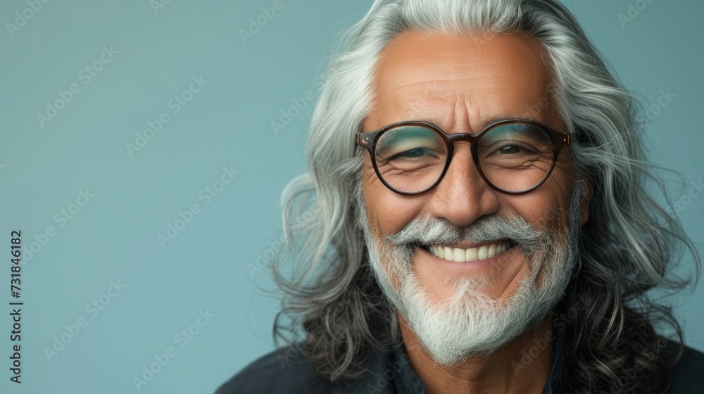 A cheerful older man with a white beard and mustache wearing glasses and a dark shirt smiling against a blue background. A cheerful older man with a white beard and mustache wearing glasses and a dark shirt smiling against a blue background.