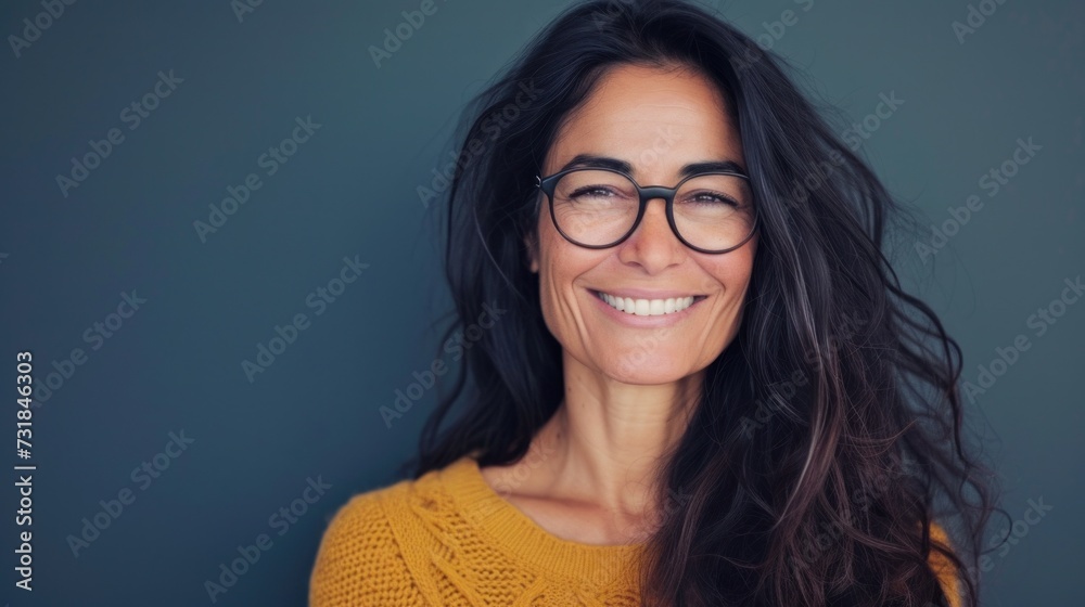 Fototapeta premium A woman with dark hair and glasses smiling warmly at the camera wearing a yellow sweater against a dark blue background.