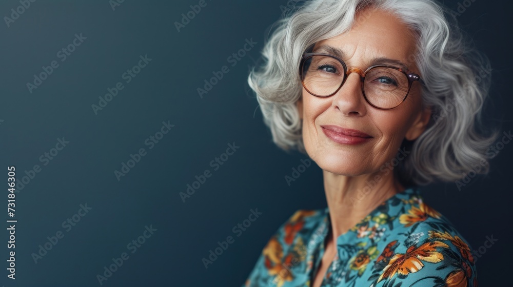 A smiling older woman with gray hair and glasses wearing a blue floral top against a dark blue background.