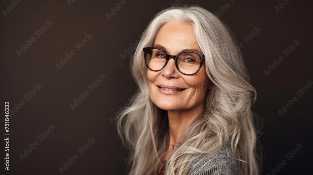 A woman with gray hair and glasses smiling gently against a dark background.