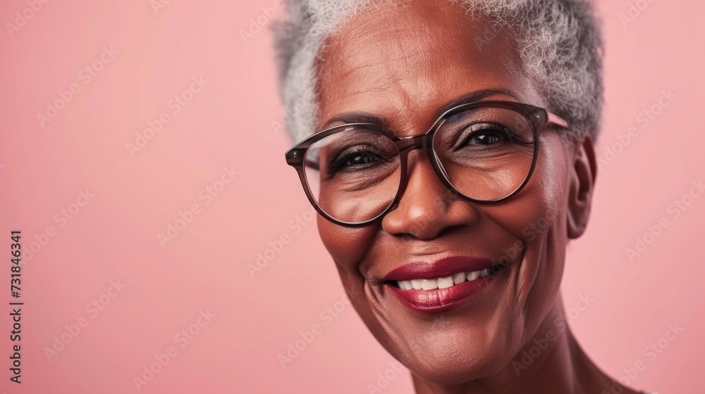 Smiling older woman with gray hair and glasses wearing red lipstick against pink background. Smiling older woman with gray hair and glasses wearing red lipstick against pink background.