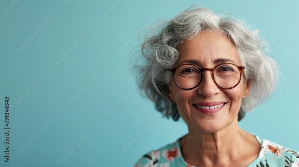 Smiling older woman with gray hair and glasses wearing a floral top against a light blue background. Smiling older woman with gray hair and glasses wearing a floral top against a light blue background.