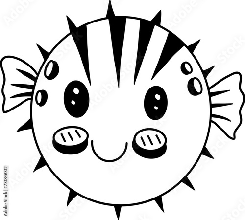 Hand drawn black line doodle puffer fish.