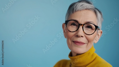 A woman with short gray hair wearing glasses and a yellow turtleneck smiling against a blue background.
