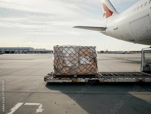 Ground crew prepares cargo for loading onto a commercial airliner at the airport.