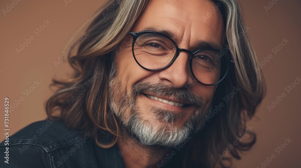 Smiling man with long curly hair and glasses wearing a dark shirt against a warm-toned background. Smiling man with long curly hair and glasses wearing a dark shirt against a warm-toned background.