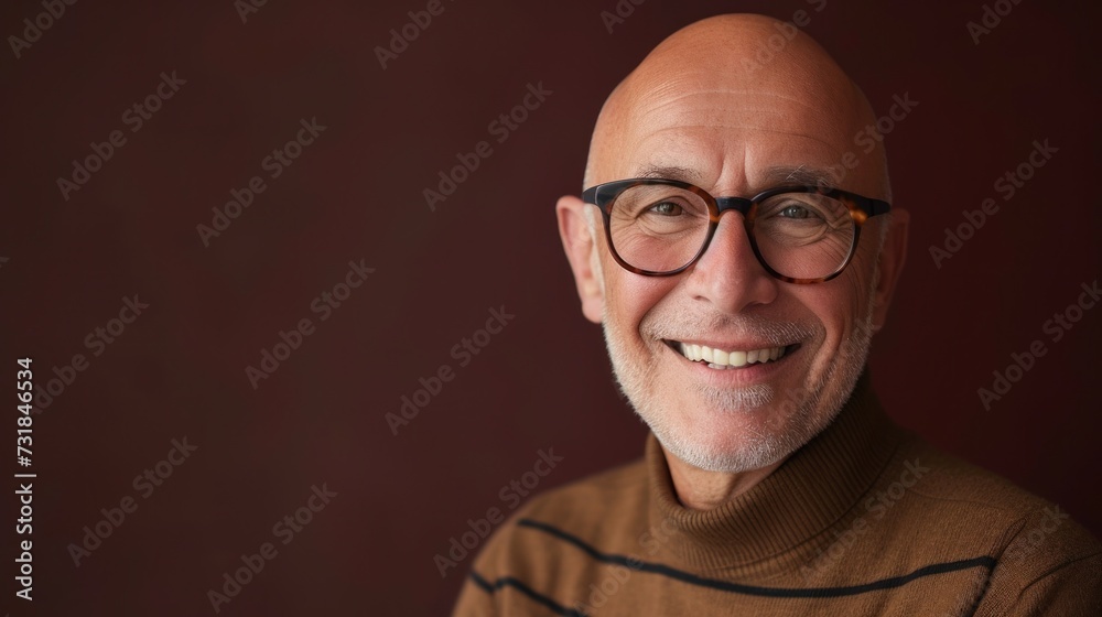 Obraz premium Smiling bald man with glasses and beard wearing brown sweater.