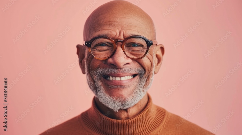 Smiling elderly man with glasses and white beard wearing a brown turtleneck against a pink background. Smiling elderly man with glasses and white beard wearing a brown turtleneck against a pink background.
