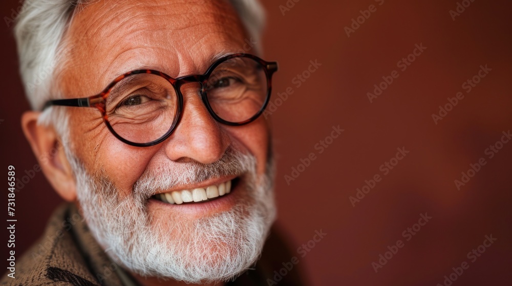 A joyful elderly man with a white beard and glasses smiling warmly at the camera.