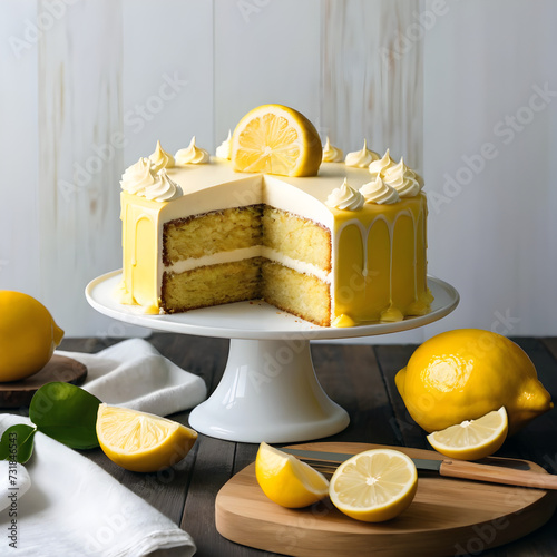 Deliciosa tarta de limón de cremosa textura y refrescante acidez. Pastel decorado con trozo de limones y con una llamativa cobertura amarilla. Un postre perfecto para cualquier ocasión. IA photo
