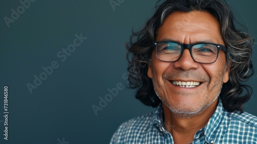 Smiling man with curly hair and glasses wearing a blue and white checkered shirt against a dark blue background.