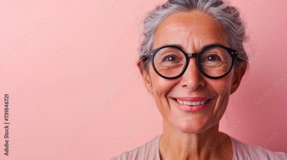 Smiling older woman with gray hair wearing black glasses against a pink background.