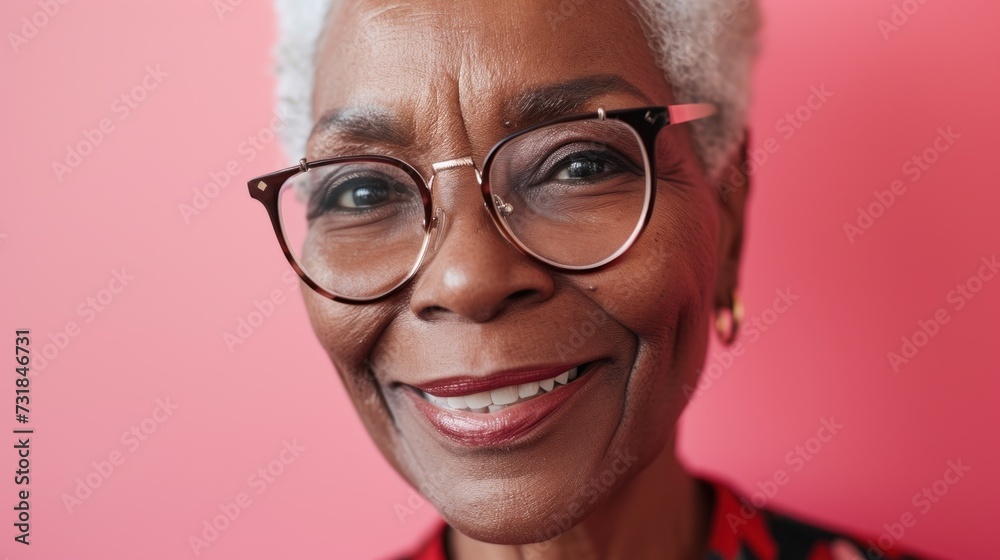 Smiling woman with white hair and glasses wearing a red and black patterned top against a pink background.