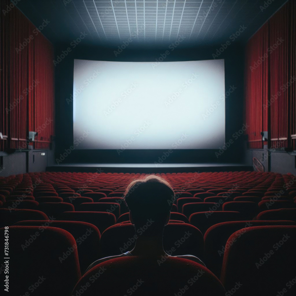 Fototapeta premium Dark cinema with audience waiting in anticipation, with black white screen