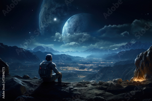 Man Sitting on Top of Mountain Under Star-Filled Sky