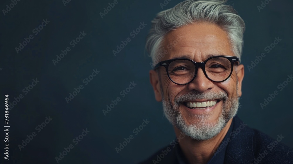 Obraz premium Smiling man with gray hair glasses and beard wearing a dark suit against a blue background.